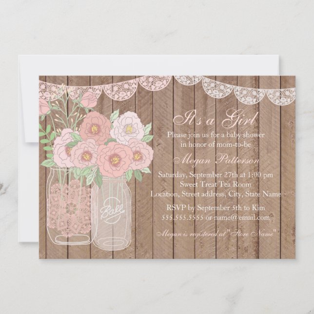 Pink Sweet Mason Jar & Wood Baby Shower Invite (Front)