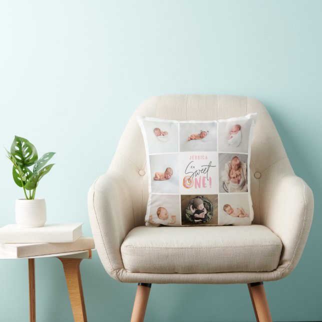 pink sweet one doughnut 1st birthday multi photo throw pillow (Chair)