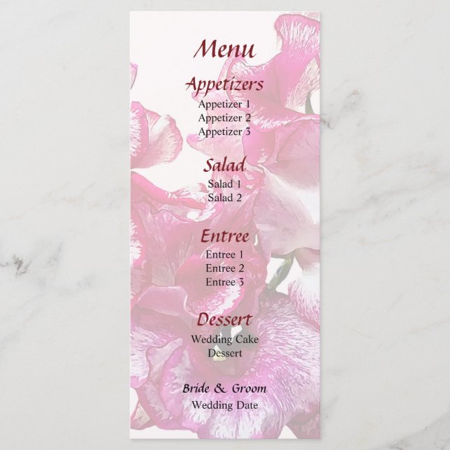 Pink Sweet Pea Heart Wedding Menu (Front)