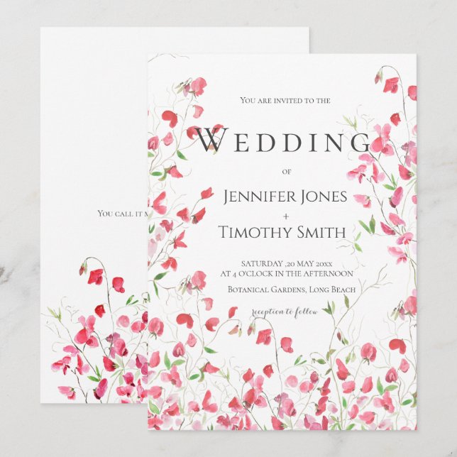 pink sweet peas watercolour wedding invitation  (Front/Back)
