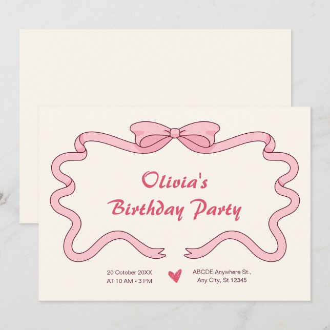 Pink sweet ribbon birthday  invitation (Front/Back)