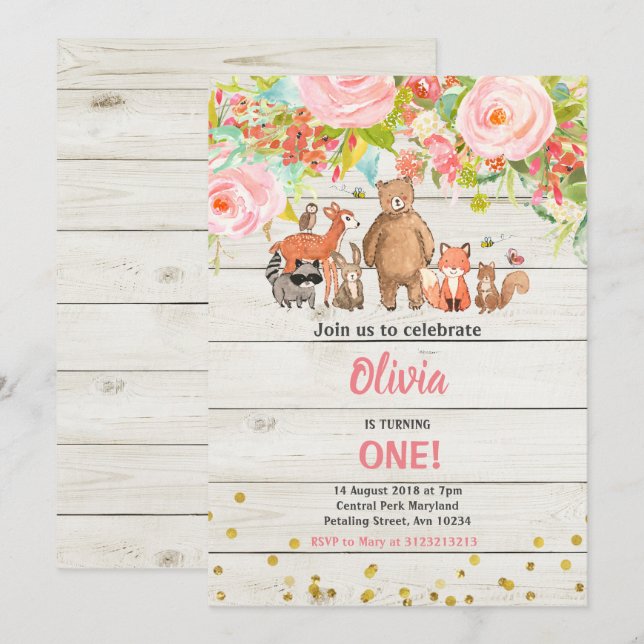 Pink Sweet Rustic Woodland Animal 1st Birthday Invitation (Front/Back)
