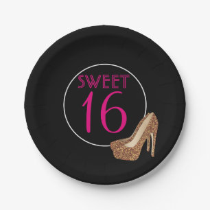 Pink Sweet Sixteen Birthday Gold Glitter Heels Paper Plate