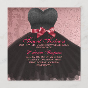 Pink Sweet Sixteen Black Dress Birthday Invitation