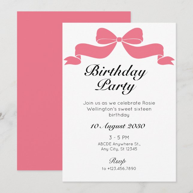 Pink sweet tie ribbon bow birthday  invitation (Front/Back)