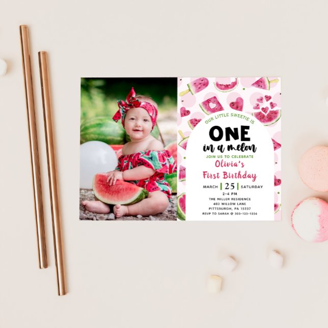 Pink Sweet Watermelon Birthday 1st Birthday Photo Invitation (Creator Uploaded)