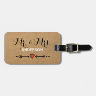 Pink Sweethearts & Arrows Rustic Surname Mr & Mrs Luggage Tag