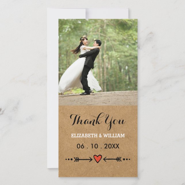 Pink Sweethearts & Arrows Rustic Wedding Thank You Card (Front)