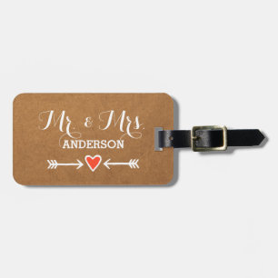 Pink Sweethearts & Arrows White Surname Mr & Mrs Luggage Tag