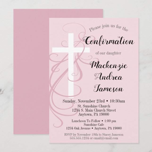 Pink Swirl Cross Confirmation Invitation Girl (Front/Back)