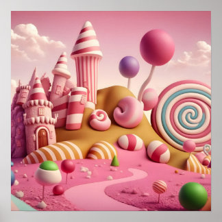 Pink Swirl Lollipop Candy Land Scene Poster