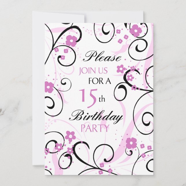 Pink Swirls 15th Birthday Party Invitation Card (Front)