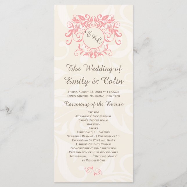 Pink swirls on pale cream damask Wedding Program (Front)