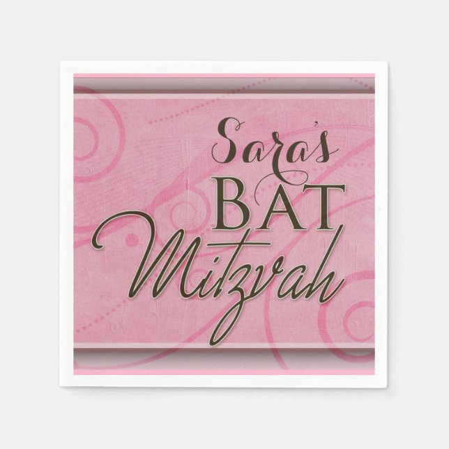 Pink swirly designer Bat Mitzvah Napkin (Front)
