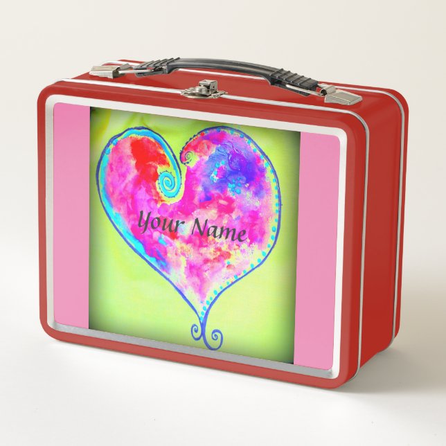 Pink swirly heart Thunder_Cove Metal Lunch Box (Front)