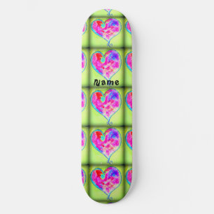 Pink swirly hearts green  skateboard