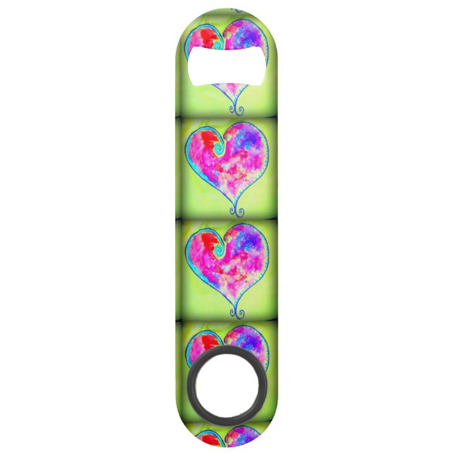 pink swirly hearts green speed bottle opener (Front)
