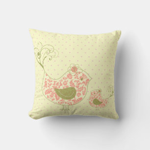 Pink Swirly Mom & Baby Bird Whimsical Cushion