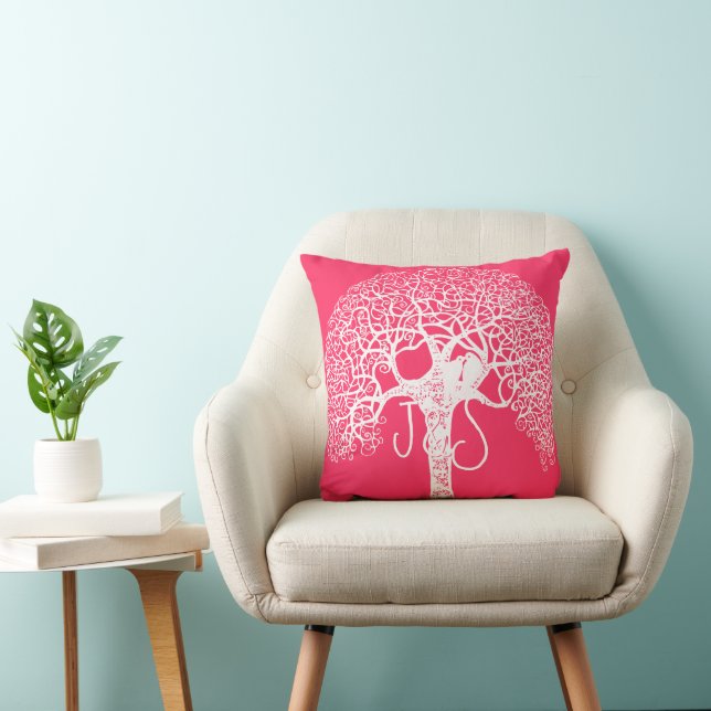 Pink Swirly Tree Love Bird Choose Any Colour Pillo Throw Pillow (Chair)