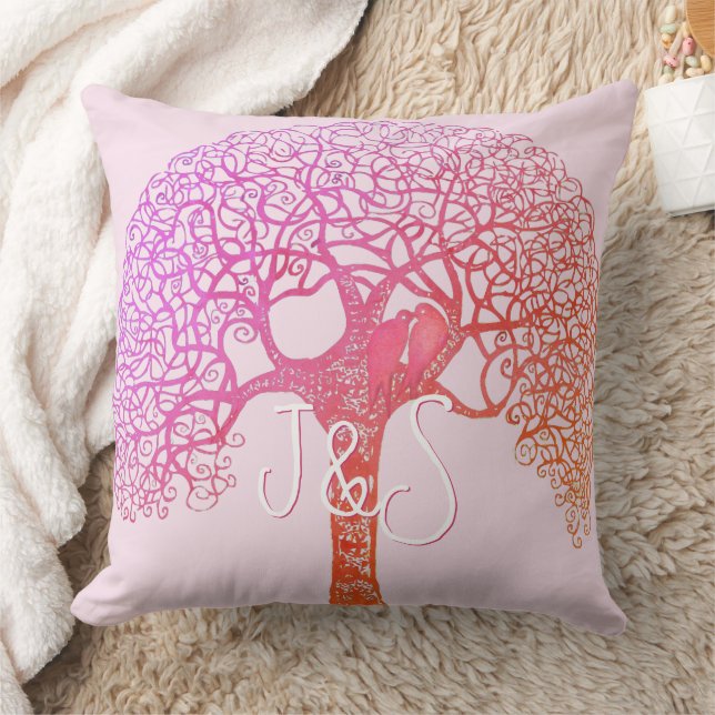 Pink Swirly Tree Love Bird Choose Any Colour Pillo Throw Pillow (Blanket)