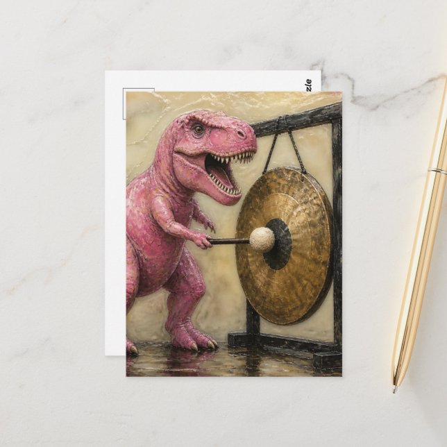 Pink T-Rex Bangs a Gong Postcard (Front/Back In Situ)