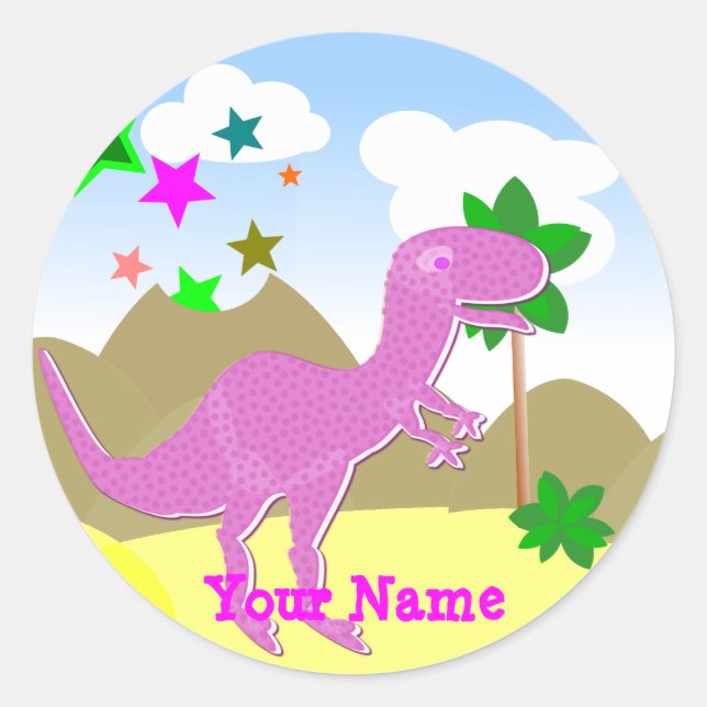 Pink T-Rex Dinosaur Name Stickers (Front)