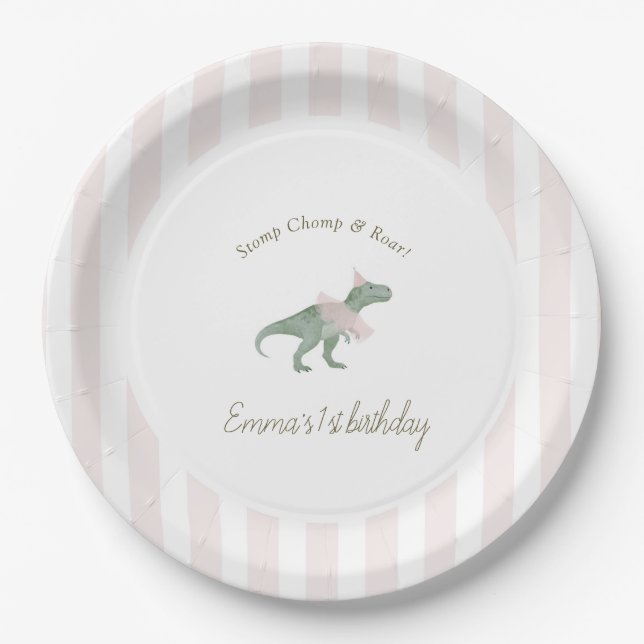 Pink T Rex Tutu Girl Birthday Paper Plates (Front)
