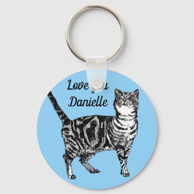Pink Tabby Cat Cats Blue Girls Name Key Ring (Front)