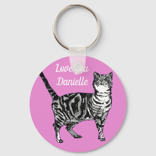 Pink Tabby Cat Cats Hot Pink Girls Name Key Ring (Front)