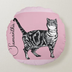 Pink Tabby Cat Cats Pink Girls Name Nursery Round Pillow