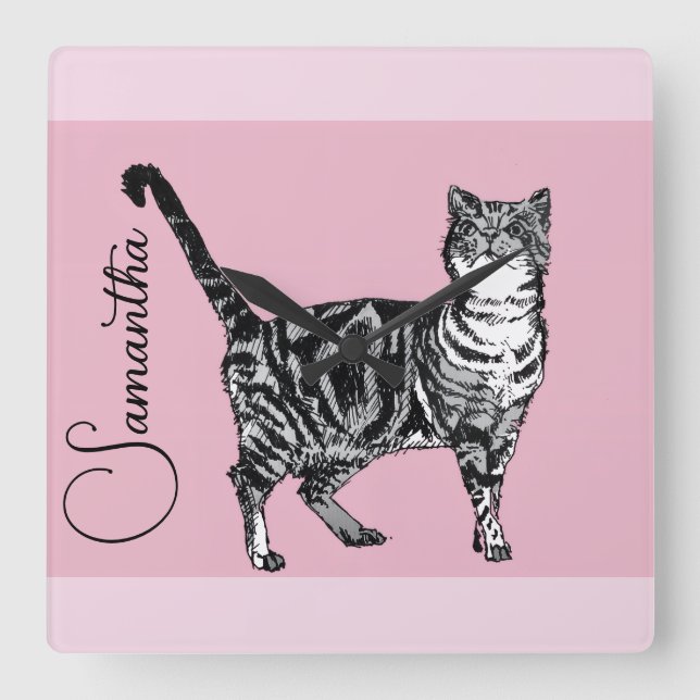 Pink Tabby Cat Cats Pink Girls Name Nursery Square Wall Clock (Front)