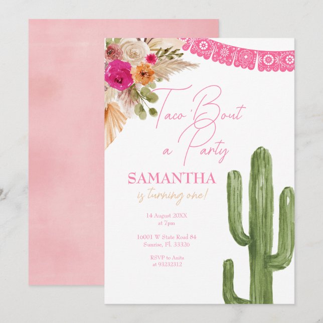 Pink Taco Cactus First Birthday Invitation (Front/Back)