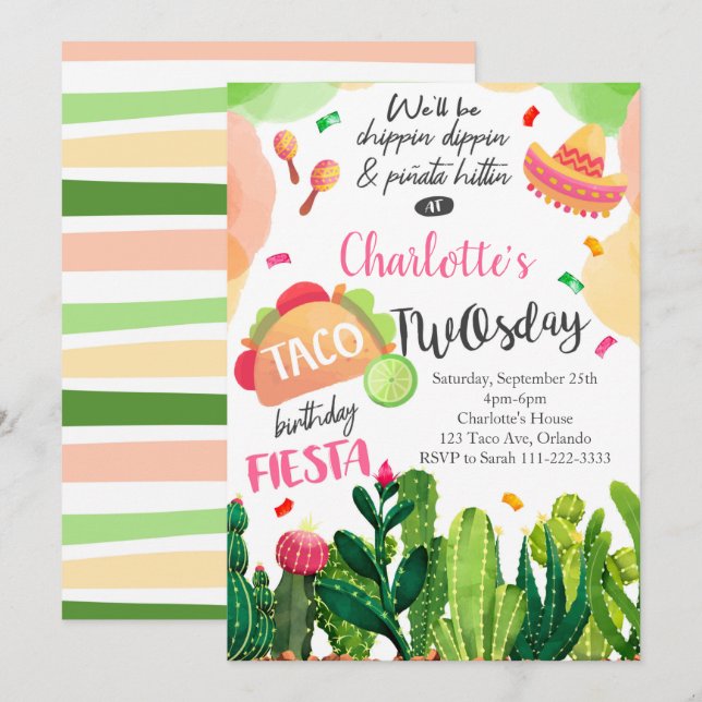 Pink Taco Deux Filles Anniversaire Fête Invitation (Devant / Derrière)