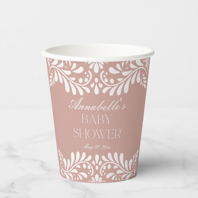 Pink Talavera Tile Spanish Fiesta Baby Shower Paper Cups (Front)