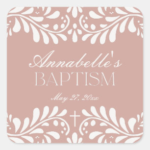 Pink Talavera Tile Spanish Fiesta Baptism Favour Square Sticker