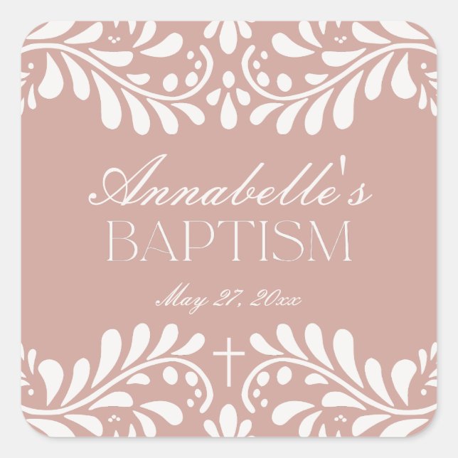 Pink Talavera Tile Spanish Fiesta Baptism Favour Square Sticker (Front)