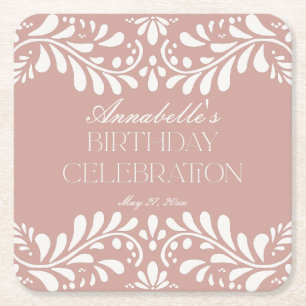Pink Talavera Tile Spanish Fiesta Birthday Party Square Paper Coaster