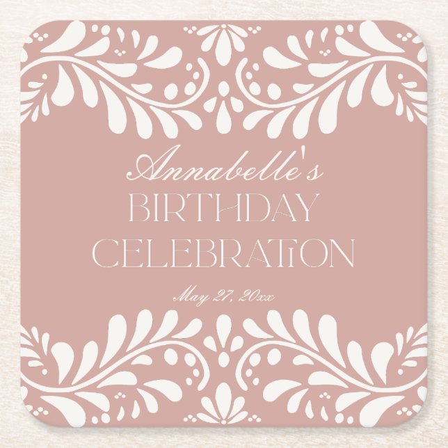 Pink Talavera Tile Spanish Fiesta Birthday Party Square Paper Coaster (Front)