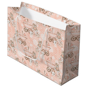 PINK & TAN BABY GIRL PRAM BEAR BLOCKS LARGE GIFT BAG