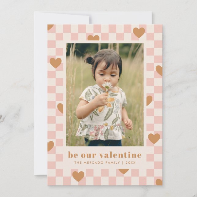 Pink Tan Chequerboard Hearts Valentine's Day Card (Front)