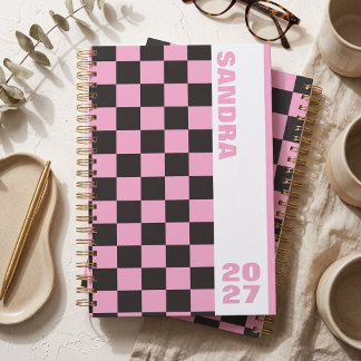 Pink Tan Chequered Custom Name Year 2027 Spiral Planner