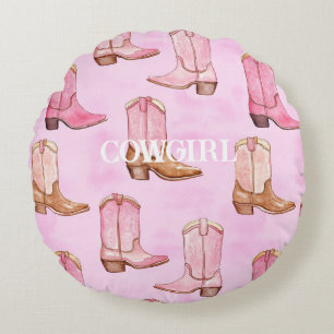 Pink Tan Cowgirl Boots Birthday Round Pillow