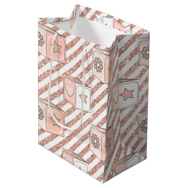 PINK & TAN GLITTER LOOK BABY BLOCKS MEDIUM GIFT BAG (Front Angled)