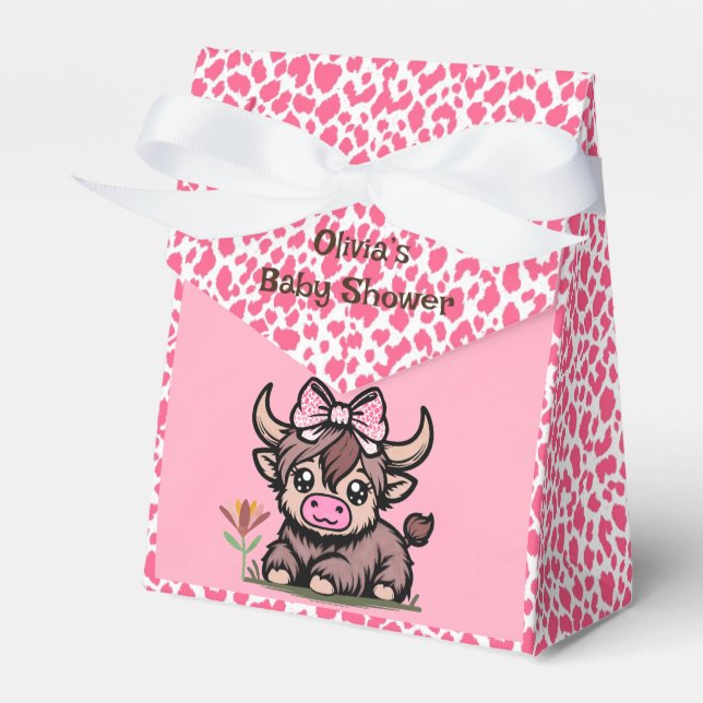 Pink Tan Highland Cow Girl Baby Shower Favor Box (Front Side)