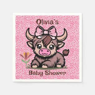 Pink Tan Highland Cow Girl Baby Shower Napkin