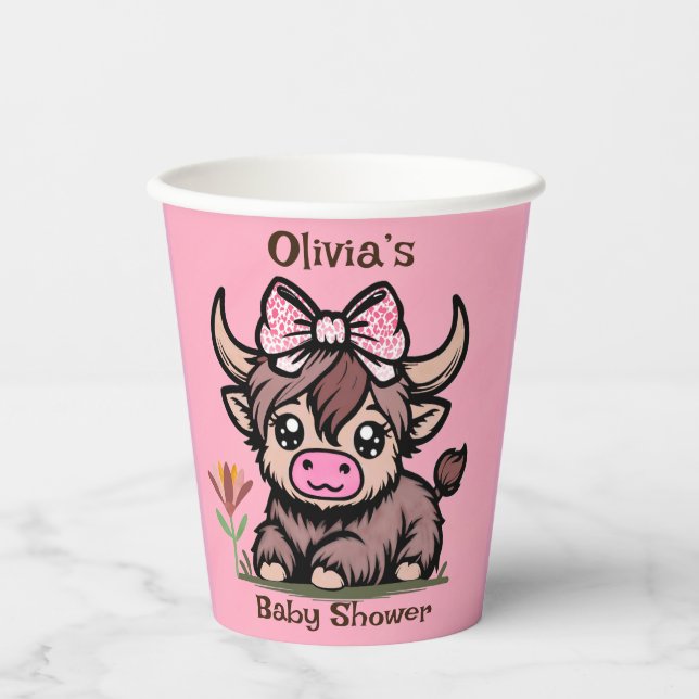 Pink Tan Highland Cow Girl Baby Shower Paper Cups (Front)