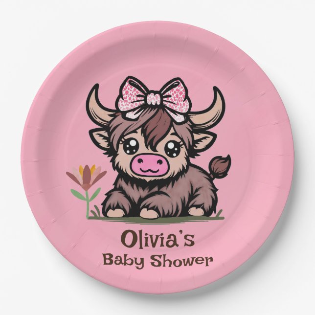 Pink Tan Highland Cow Girl Baby Shower Paper Plate (Front)