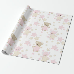 PINK & TAN TEDDY BEARS WITH STARS WRAPPING PAPER