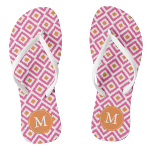 Pink Tangerine Ikat Pattern Monogrammed Flip Flops