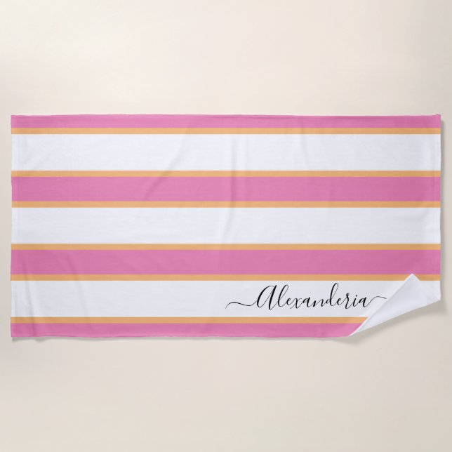 Pink Tangerine White Modern Preppy Stripes Beach Towel (Front)